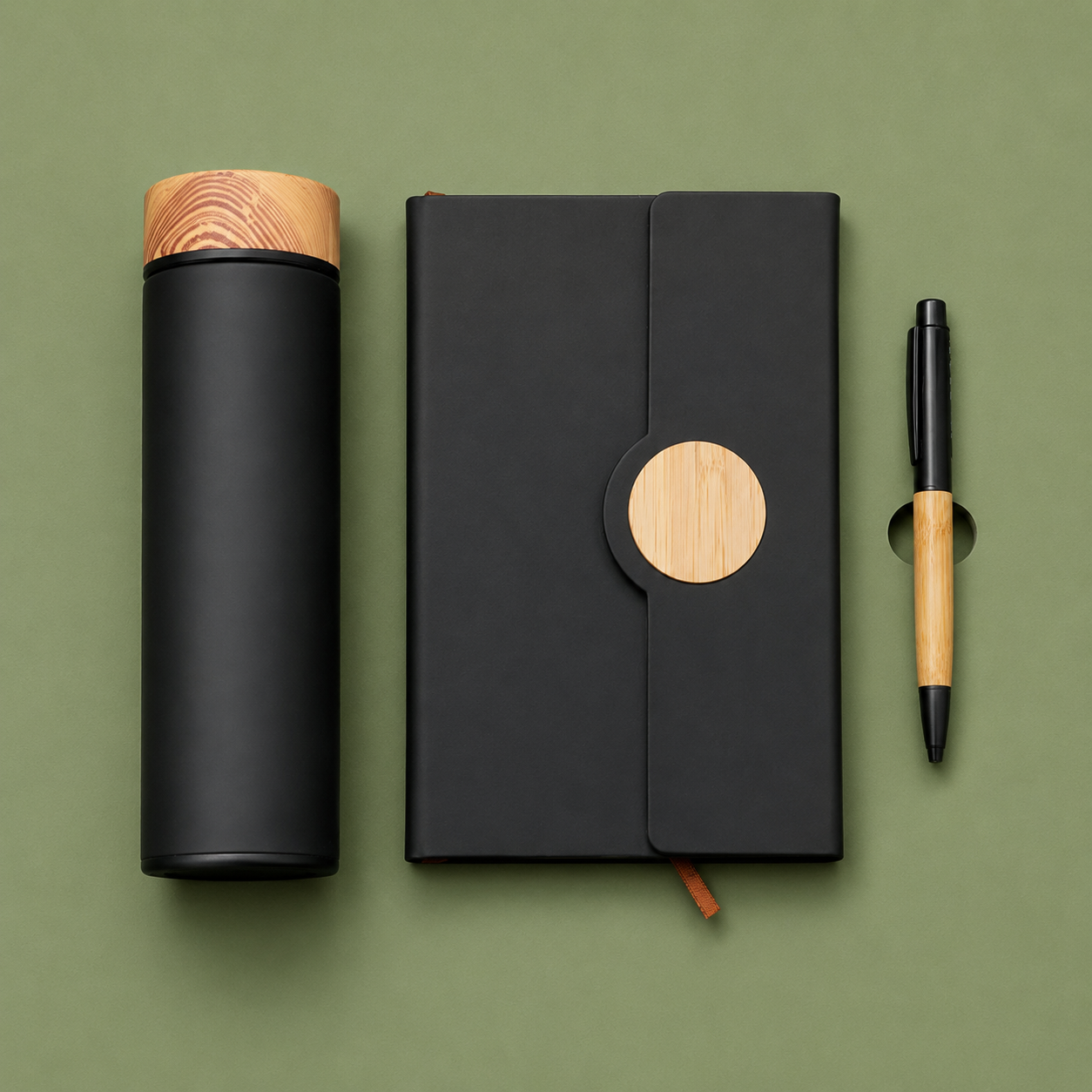Green corporate gift set with drinkware and accessories